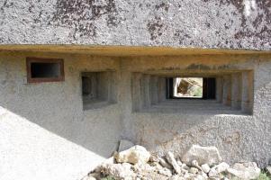 Ligne Maginot - MB121 - (Blockhaus pour canon) - Blockhaus en plein champ, forêt à proximité. La façade et les crenaux de tir