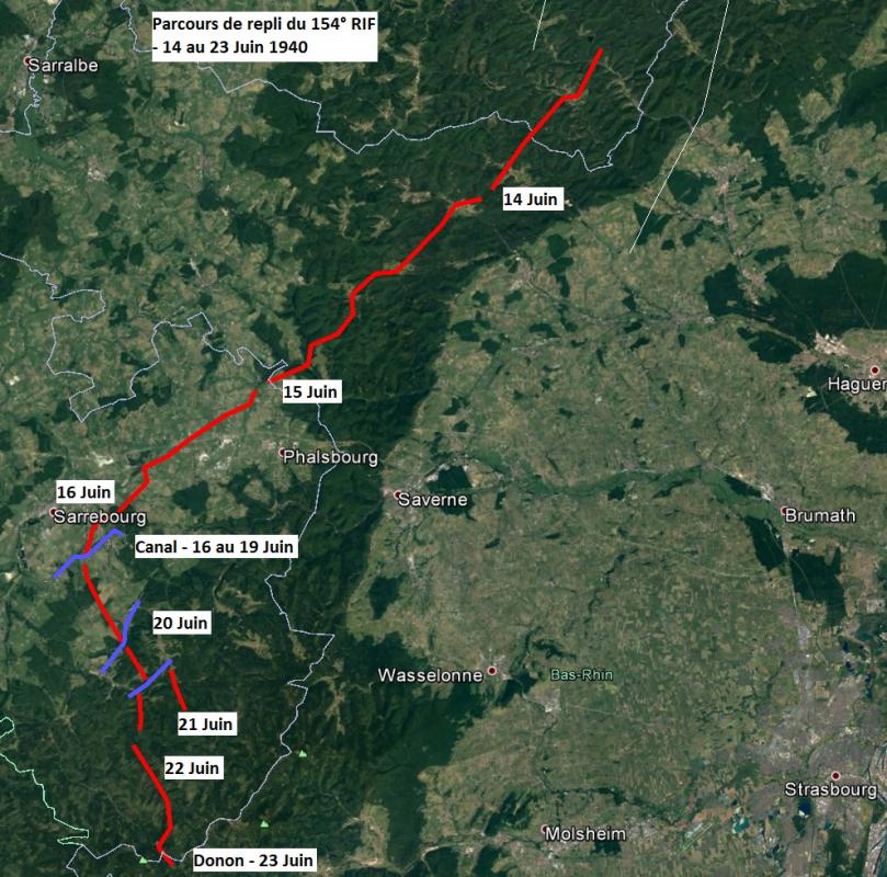 Ligne Maginot - Parcours de repli du 154° RIF - 14-23 Juin 1940 - Parcours basé sur les rapports d'époque. Fond : Google Earth