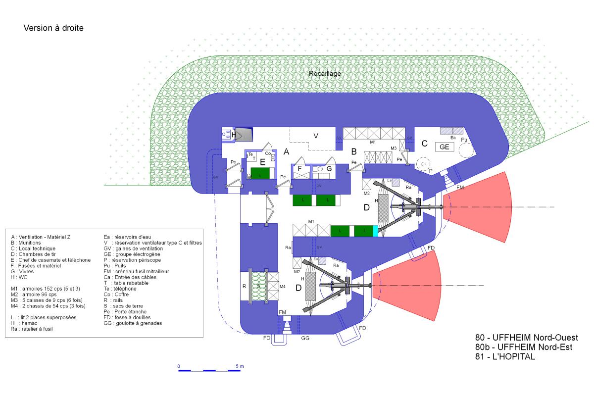 Ligne Maginot - Casemate d'artillerie STG Réduite Mle 1936 pour deux canons de 75 mm Mle 1897/33 selon Modificatif n°1 de 1937 - Variante à droite