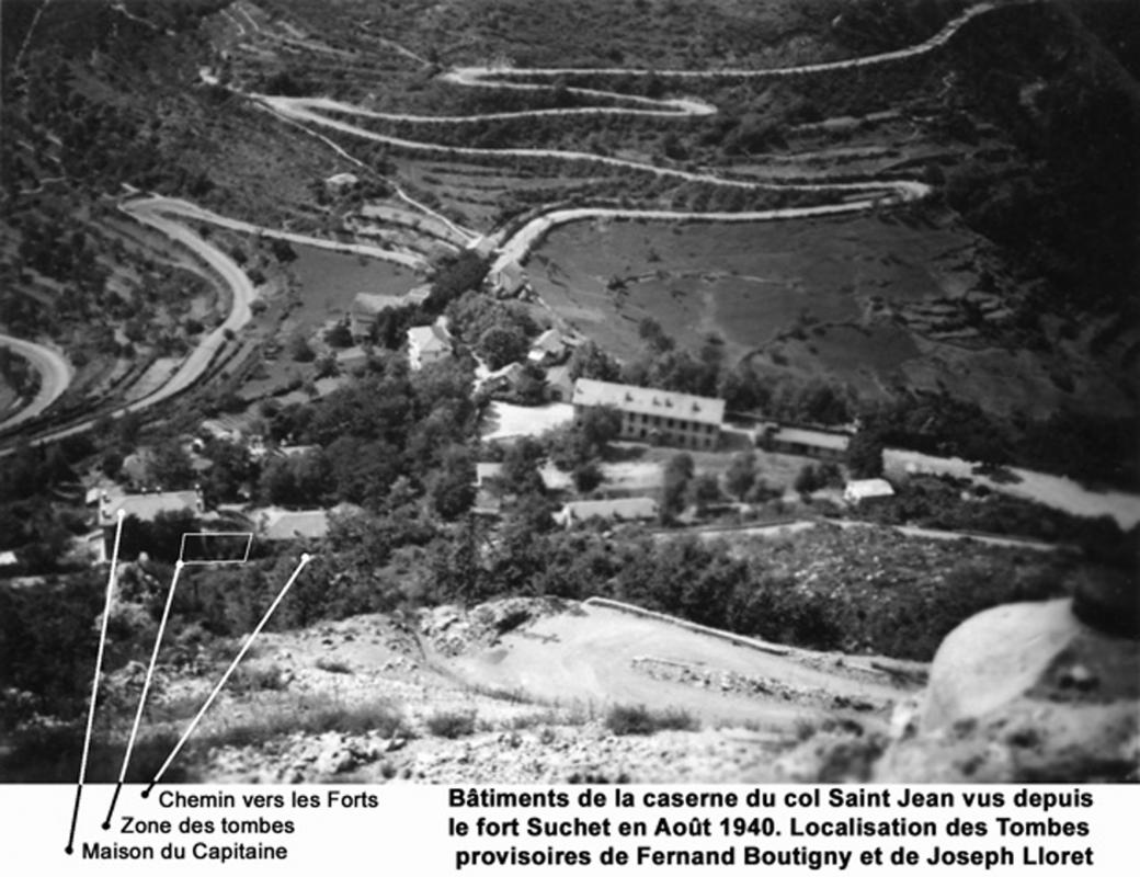 Ligne Maginot - COL SAINT JEAN - (Casernement) - Caserne du col Saint Jean en août 1940
Noter sur la gauche les lacets de col St Jean et en haut ceux vers le col de Braus.