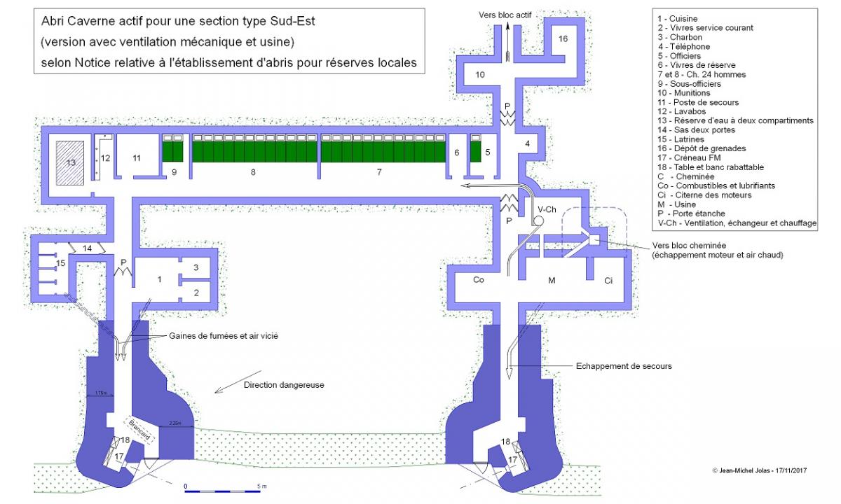 Ligne Maginot - Abri Caverne actif CORF pour une section type S-E - Plan de l'abri actif avec motorisation selon Notice relative à la construction d'abris pour réserves locales destinés aux organisations défensives du S-E - 21 Octobre 1931.