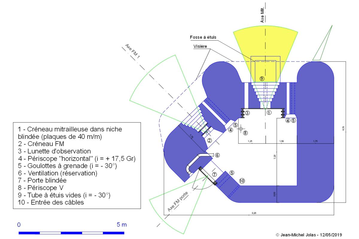 Ligne Maginot - Plan de la casemate SFAM pour mitrailleuse et FM - Version flanquant à gauche et porte latérale