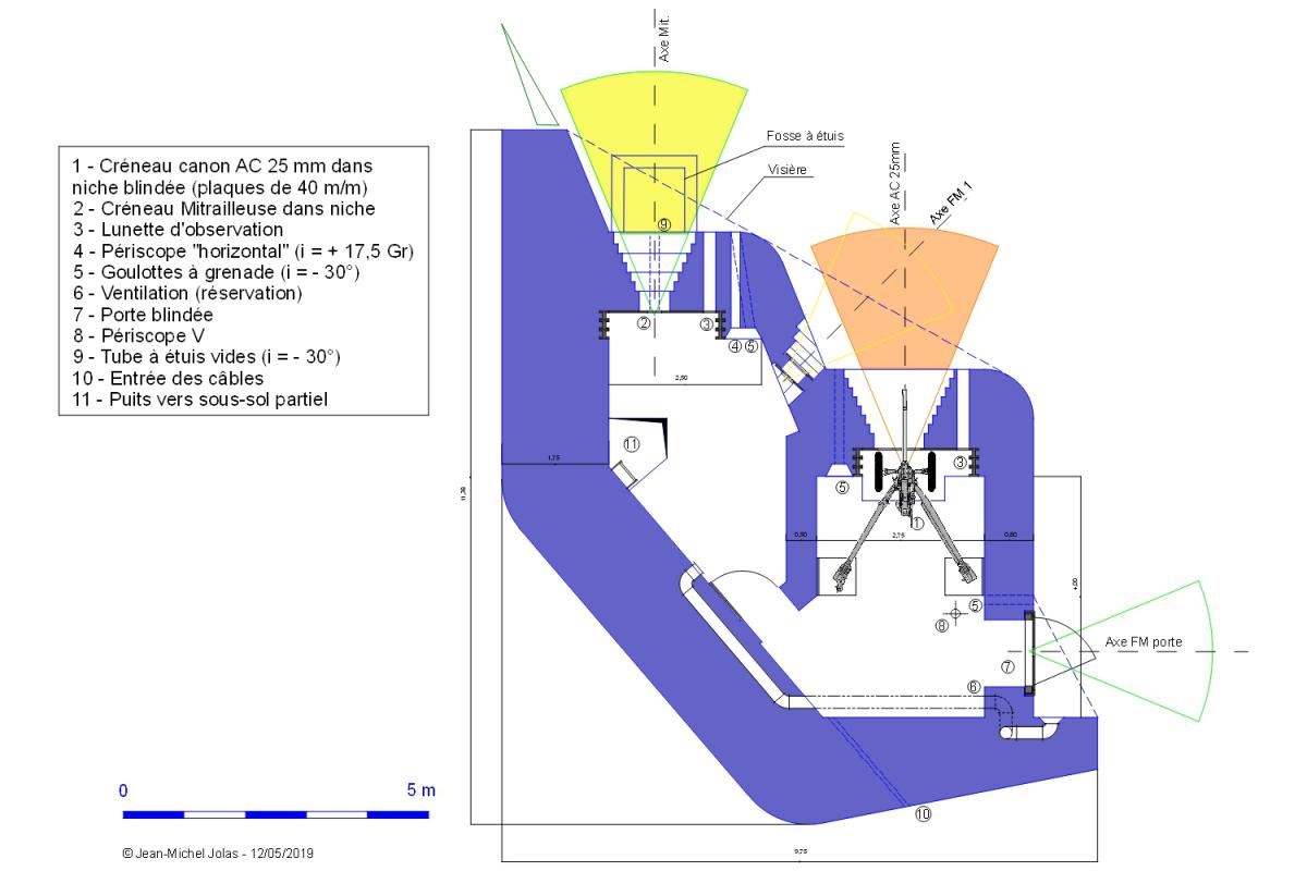 Ligne Maginot - Plan de la casemate SFAM pour canon AC et mitrailleuse - Version orientée à droite, variante à échelon refusé
A servi de modèle pour Eze-Moyenne corniche et le projet de Roquebrune Sud