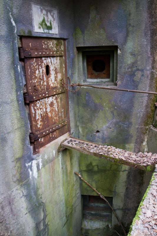 Ligne Maginot - RIPPERT - X13 (QUARTIER KARRE - II/168°RIF) - (Abri) - Entrée droite de l'abri.
La passerelle est toujours en place. Noter les deux créneaux de défense pour FM et les, discrets, restes de peinture de camouflage