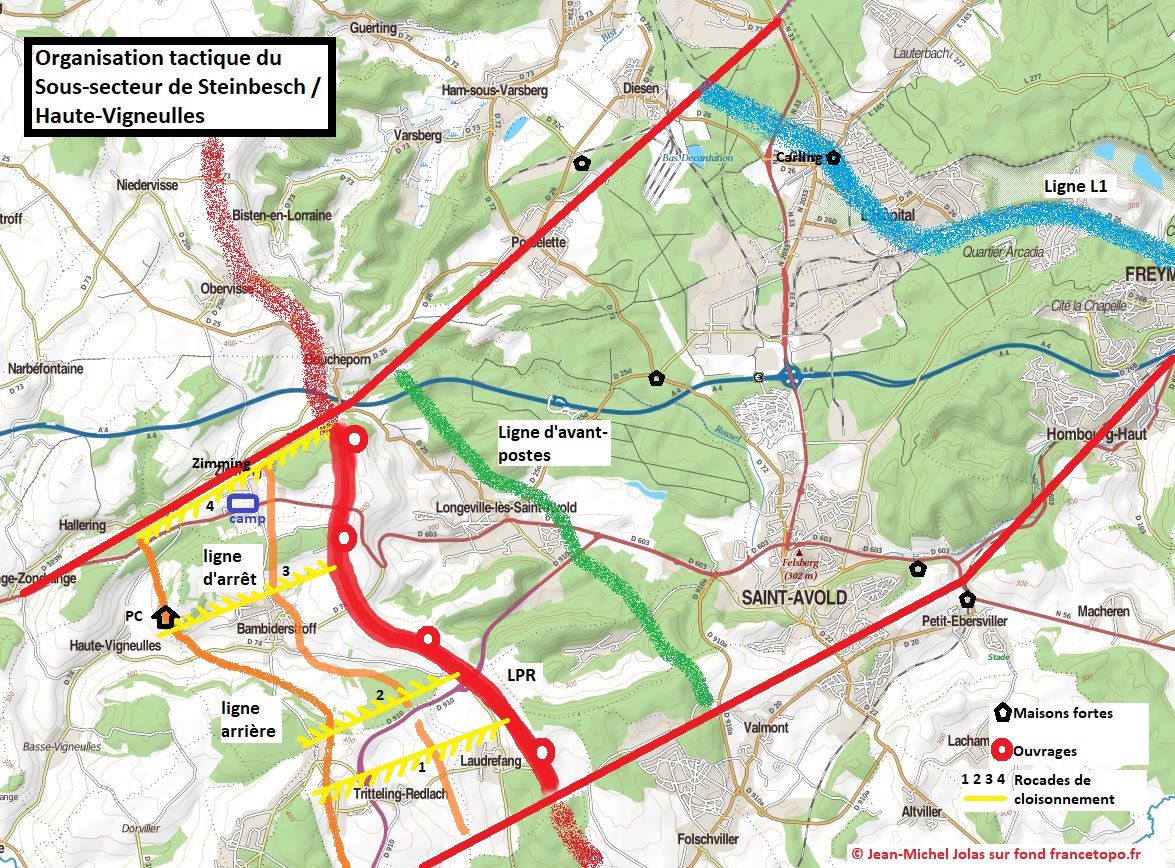 Ligne Maginot - Organisation tactique du sous-secteur de Haute-Vigneulles - sur fond francetopo.fr