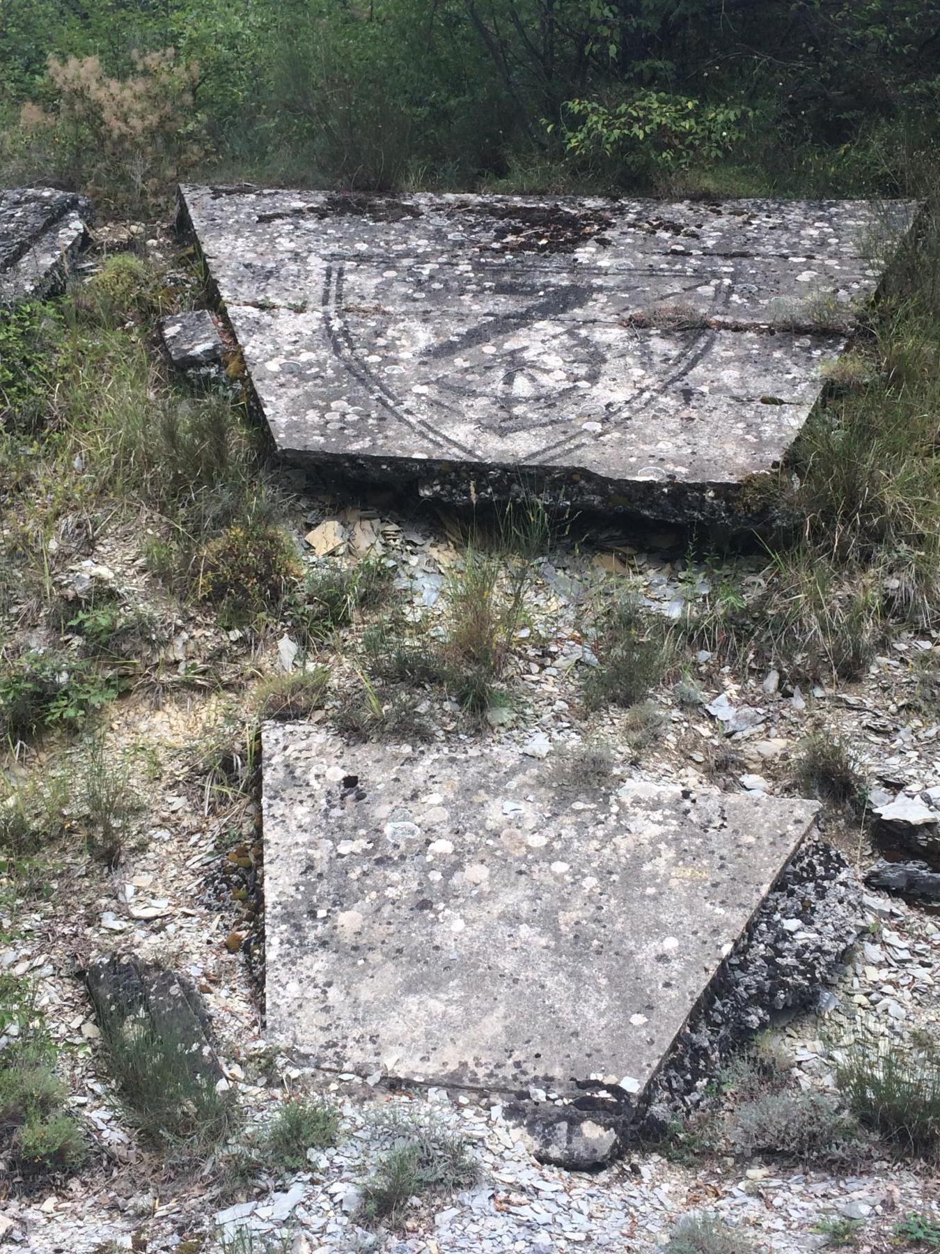 Ligne Maginot - CHAMP de TIR d'AGAISEN (CT) - E04 (Abri actif) - Dalle triangulaire (hélas brisée) de 2 m de hauteur environ, au talus de la piste militaire d'accès, portant gravé l'insigne du 7ème Génie