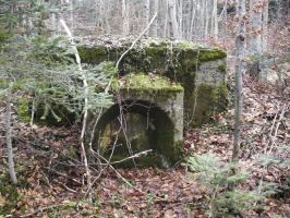 Ligne Maginot - PFAFFENLOCH - RéSERVOIR D'EAU - (Divers) - Vanne de vidange ?
Cette vue montre la partie de service, la vanne a disparue mais le filetage ou elle se trouvait est encore visible dans la mousse au bas de la photos. Le trou fait environs 3cm de diamètre. Notez à l’extrême droite dans l'angle le filet gris de la chaussé goudronné, la citerne est exactement a son niveau, en été avec les fougères il est impossible de deviner sa présence.