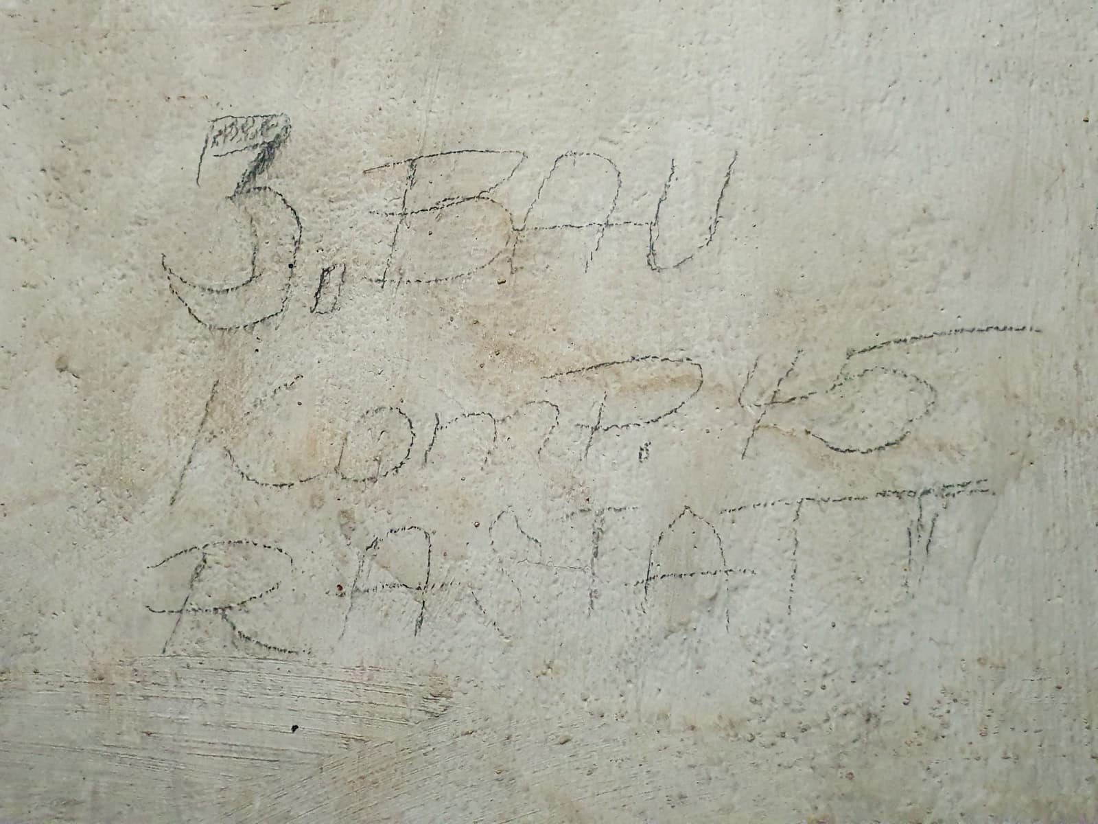 Ligne Maginot - HAUT POIRIER - (Ouvrage d'infanterie) - Inscription allemande de 1940

3. Bau Kompanie 45
Rastatt

Cela signifie :
3ème Compagnie des Baubataillion 45 de Rastatt (pionniers et génie)
Cette unité a été utilisée pendant et après les combats de juin 1940 pour réparer et restaurer les infrastructures
