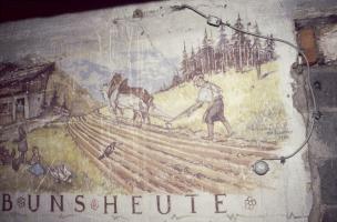 Ligne Maginot - ZIMMING CAMP - (Camp de sureté) - Peinture murale allemande (KG ?) de 1945.
Sous sol d'un bâtiment.
Etat 10/1991