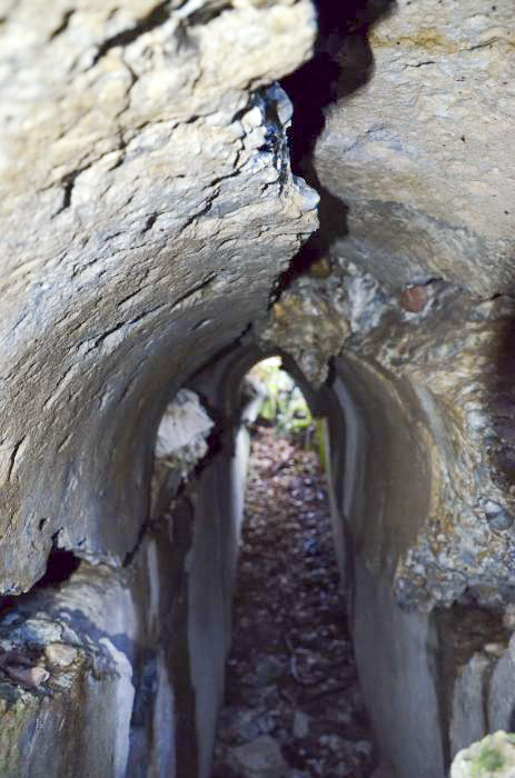 Ligne Maginot - PA PETIT-LANDAU 1 - (Blockhaus pour arme infanterie) - Couloir entre les deux entrées. L'effondrement du à une explosion est bien visible.
