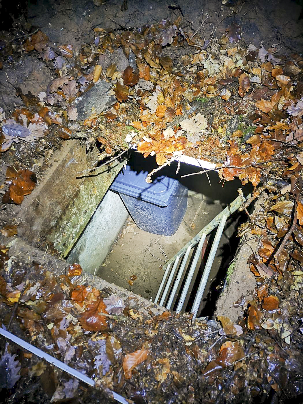 Ligne Maginot - U1 - (Chambre de coupure) - Fait étrange sur son utilisation actuelle : la trappe en métal et l'échelle d'accès ont disparu. La trappe a été remplacée par des panneaux en métal, et l'échelle par une plus large. Une poubelle est présente dans le local, pour une utilisation indéterminée.