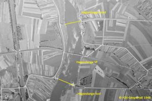 Ligne Maginot - HAGONDANGE SUD - (Infrastructure routiére) - Les ponts routiers dans l'immédiat après guerre. Ils ont été dynamités durant le conflit.
Au centre, le pont ferroviaire de la rocade militaire à voie normale Hagondange-Chailly.