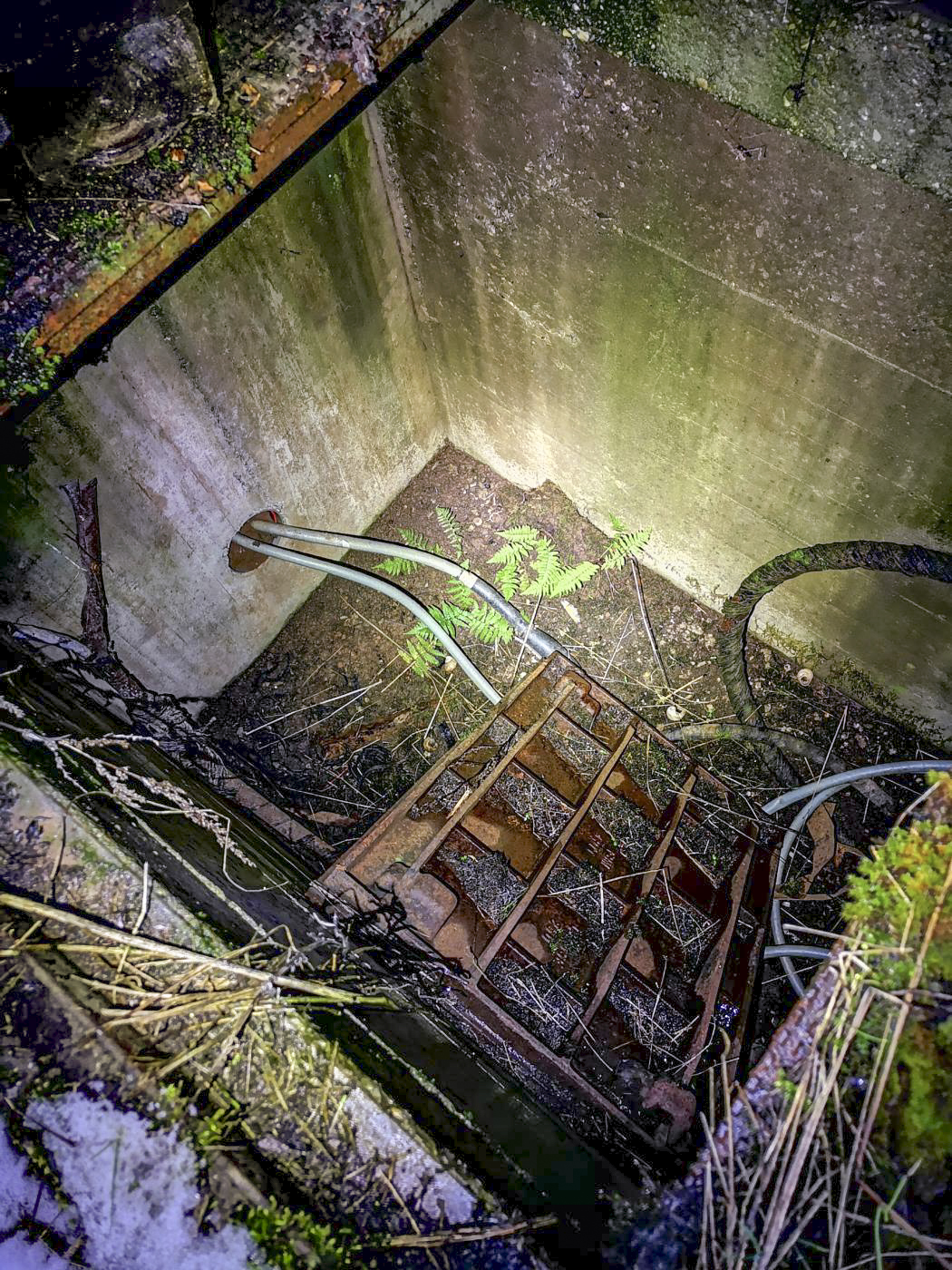 Ligne Maginot - B4 - (Chambre de coupure) - Cette chambre de tirage a été construite (possiblement) en remplacement de B4, qui a disparu après la construction de l'axe routier D620.
Des câbles modernes prolongent les anciens.