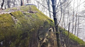 Ligne Maginot - HOCHWALD C6 - (Casemate d'infanterie) - Détail de la façade de la chambre de tir haute, noter le camouflage et le support de câble pour une alimentation électrique extérieur