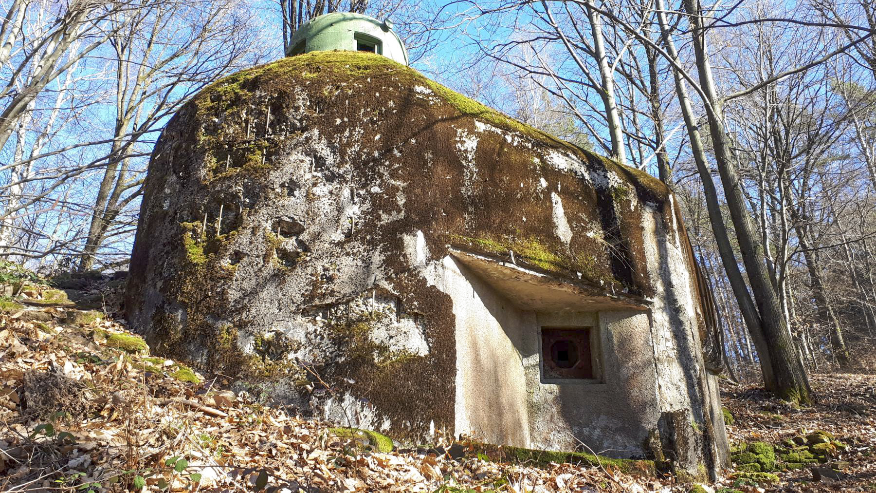 Ligne Maginot - GUNSTHAL COL OUEST - (Blockhaus pour arme infanterie) - Vue sur le créneau FM principal, noter les impacts sur l'orillon
