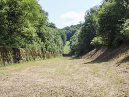 Ligne Maginot - HACKENBERG - A19 (Ouvrage d'artillerie) - Vue du fossé antichar depuis le bloc 25. 
On aperçoit, vers la droite, le bloc 24.