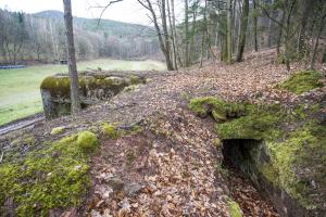 Ligne Maginot - M28 - BETZENTHAL 1 - (Blockhaus pour arme infanterie) - Cette vue montre bien la mission du bloc: la couverture du vallon de Betzenthal. 
A l'arrière, l'entrée de la tranchée couverte
