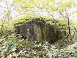 Ligne Maginot - 201 - LA NIVRAGNE OUEST - (Blockhaus pour canon) - L'arrière et face droite. Noter la ligne diagonal dans le béton, ce qui marque les pierres et terre contre la face droite.