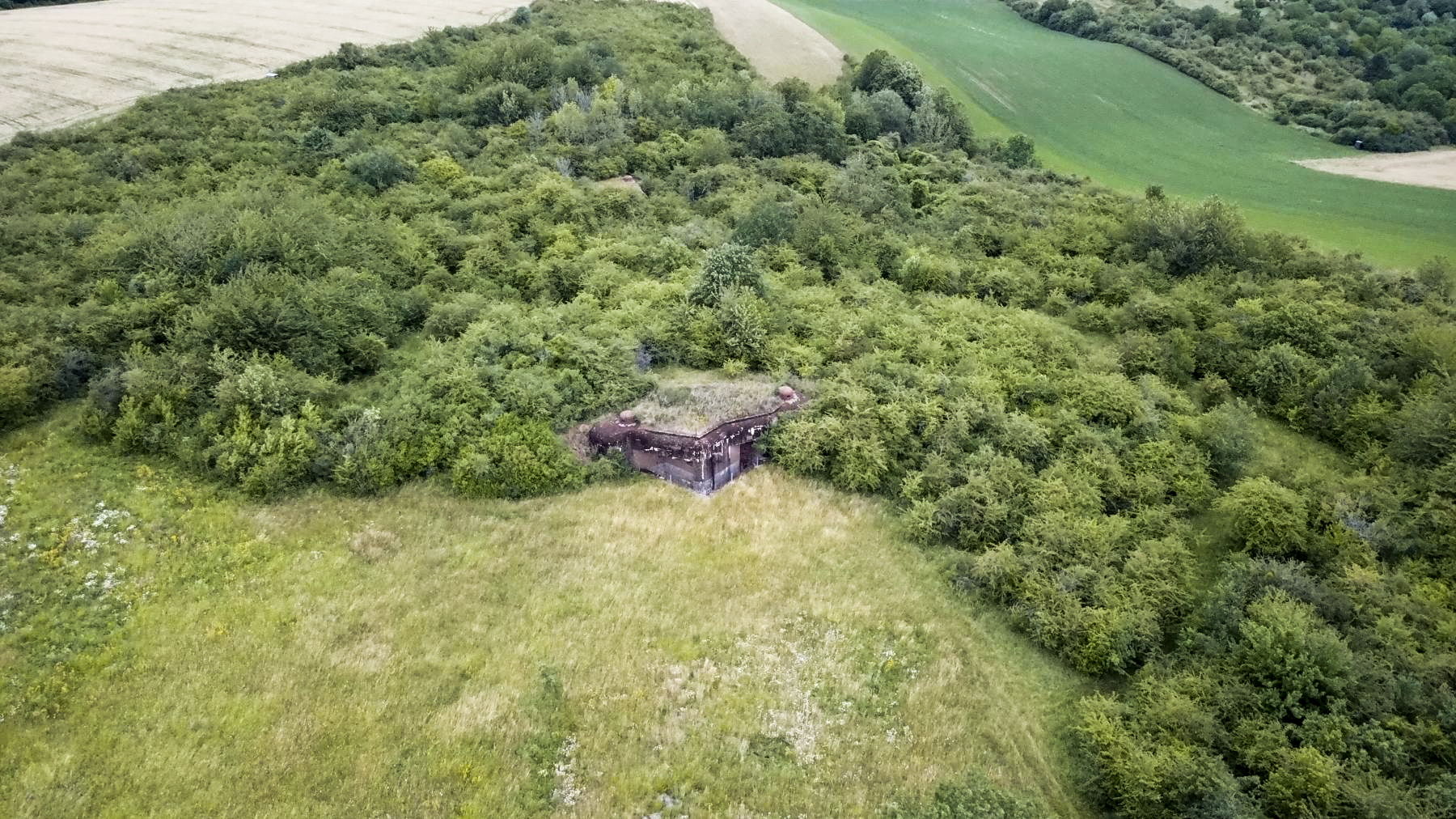 Ligne Maginot - ESCHERANGE OUEST - C37 - (Casemate d'infanterie - Simple) - Vue aérienne.
La casemate Ouest est en voie d'embroussaillement, une dernière cloche de la Casemate Est est encore visible au milieu de la végétation ayant regagnée