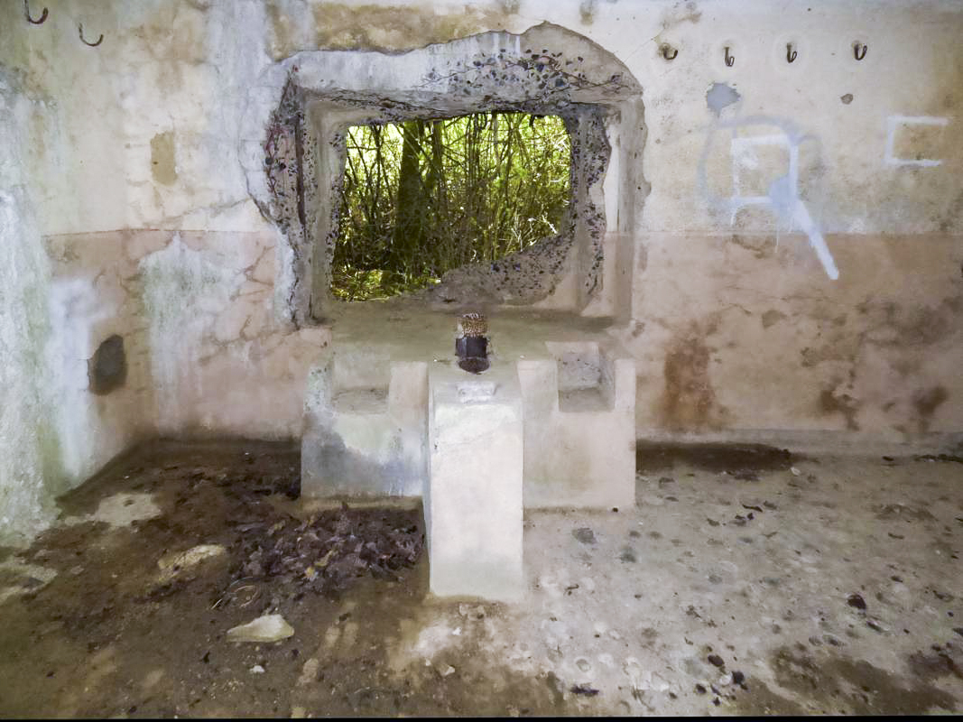 Ligne Maginot - B818 - LA TAILLE LAMBEAUX - (Blockhaus pour canon) - La chambre de tir du flanquement droit
L'embrasure du canon après plusieurs coups directs - Le mur opposé (flanquement gauche) présente des impacts de projectiles ayant traversés la longueur du blockhaus