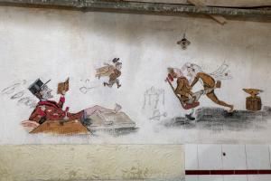 Ligne Maginot - BOUSSE - A24 - (Ouvrage d'infanterie) - Cette peinture du Lt Gendre montre le médecin auxiliaire Caron malmenant Gendre sous le regard du capitaine Wolff