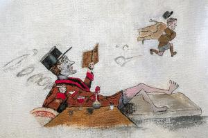 Ligne Maginot - BOUSSE - A24 - (Ouvrage d'infanterie) - Gros plan du capitaine Wolf absorbé par la lecture d'un livre pendant que Bach lui vole son pantalon