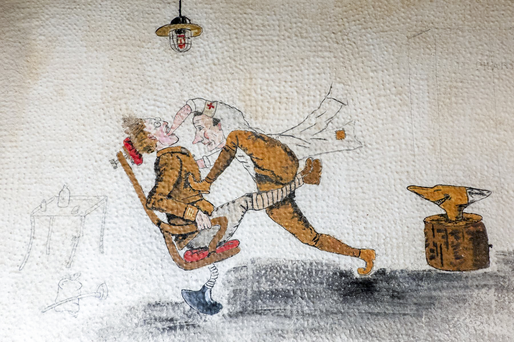 Ligne Maginot - BOUSSE - A24 - (Ouvrage d'infanterie) - Gros plan du médecin auxiliaire Caron malmenant Gendre est inspirée de ce dessin publié dans le journal Cambronne du 146° RIF - Michel Teiten