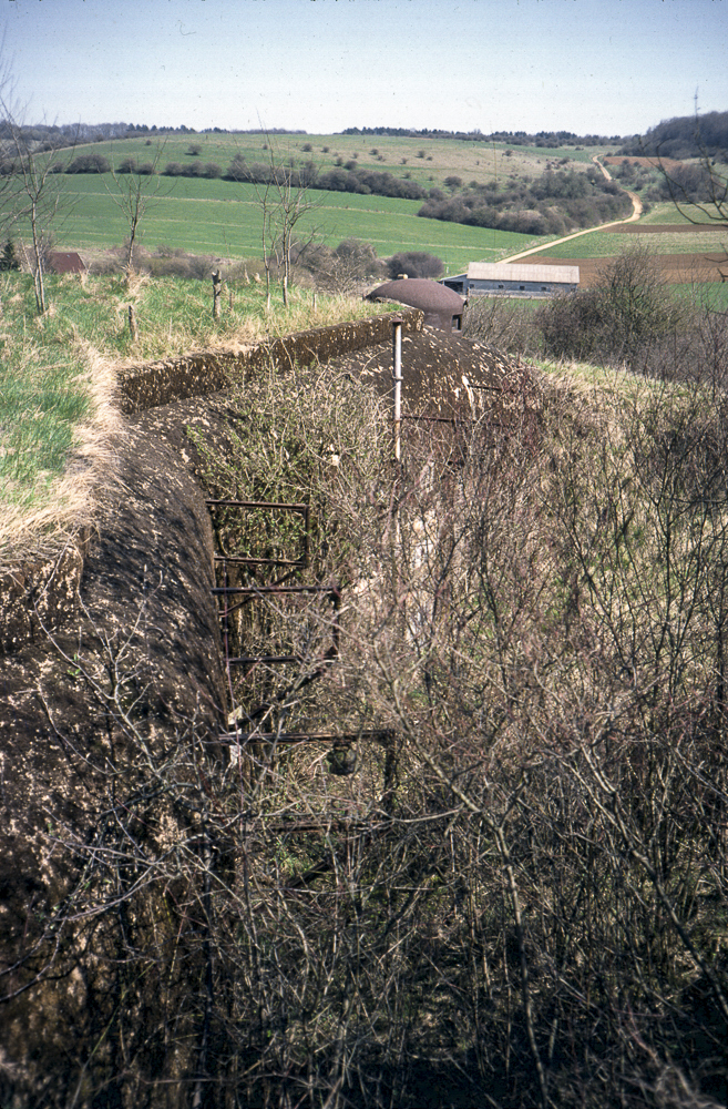 Ligne Maginot - PETERSBERG EST - C40 - (Casemate d'infanterie - Simple) - A l'arrière-plan on voit le chemin qui mène aux dessus de l'ouvrage de Molvange en passant à côté de l'abri du Petersberg
1982 - Michel Teiten
