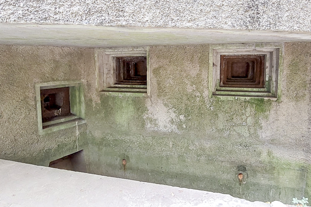 Ligne Maginot - BOIS DE KANFEN OUEST - C42 - (Casemate d'infanterie - Simple) - Créneaux de la chambre de tir
A gauche, -creau FM de défernse des abords et créneau FM de pied pour la couverture du fossé
Au milieu, créneau pour jumelage de mitrailleuses Reibel 
A droite, créneau pour jumelage de mitrailleuses Reibel interchangeable avec un canon de 37 mm antichar - Serge Teiten