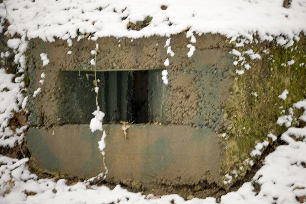 Ligne Maginot - BOUSS SUD - Détail du créneau frontal vers le passage à niveau. On distingue clairement des traces de camouflage. - Frédéric VIEU