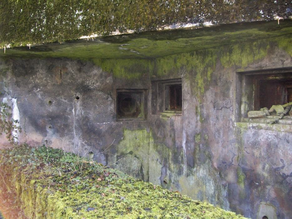 Ligne Maginot - METRICH NORD - C50 - (Casemate d'infanterie - Simple) - Créneaux pour JM et canon AC 47 avec, sur le mur de coté, un créneau pour FM 24/29 pour la défense rapprochée. Sur la gauche de ce créneau on note le débouché d'un tube lance fusée.