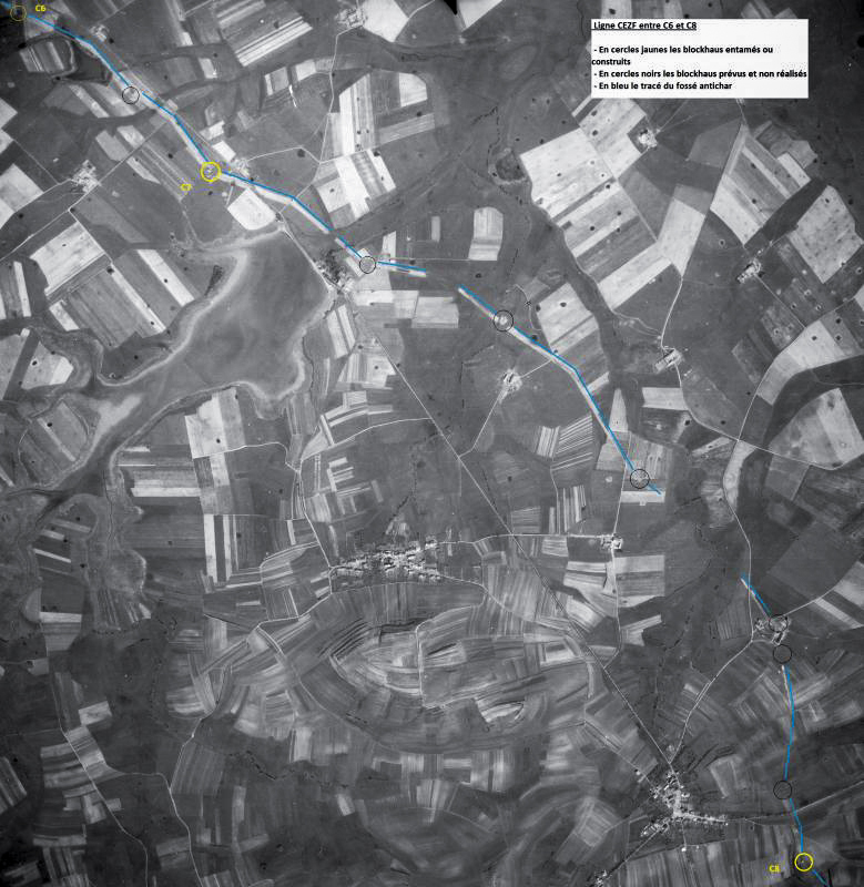 Ligne Maginot - Ligne CEZF entre C6 et C8 - 1948 - Sur cette photo de 1948, le tracé de la ligne CEZF apparaît clairement.