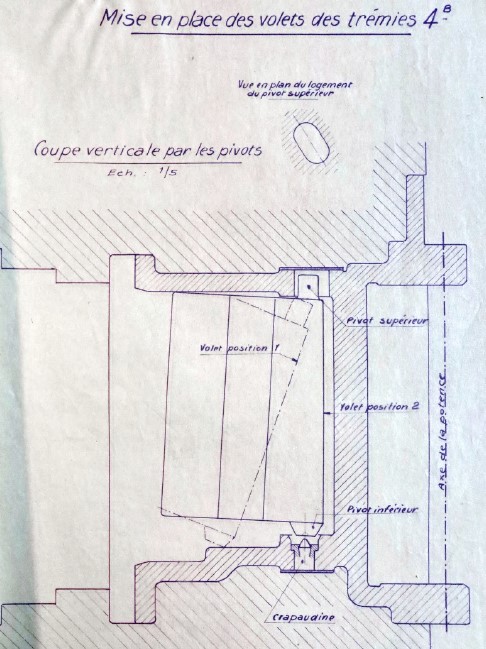 Ligne Maginot - Tampons et volets de protection des trémies pour arme d'infanterie - Mise en place du volet de trémie n°4 dans la crapaudine pivot de l'axe inférieur du volet de trémie.