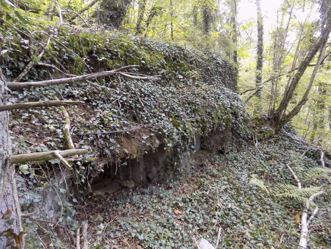Ligne Maginot - 28A - RIMONNEAU - (Blockhaus pour canon) - Face frontale, créneaux AC et  Hotchkiss. Note du béton additionnel sur la face frontale. - R Tucker