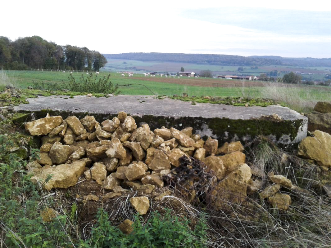 Ligne Maginot - 64 - DEVANT LE BOIS - (Blockhaus pour arme infanterie) - Vue extérieure, prise du côté de l'entrée présumée; les cotés sont remblayées par des pierres