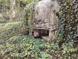 Ligne Maginot - 12A - BOIS DE BLANCHAMPAGNE OUEST - (Blockhaus pour arme infanterie) - Le créneau de droite, destiné à une mitrailleuse, a un champ de tir plus large et il est protégé par une visière.