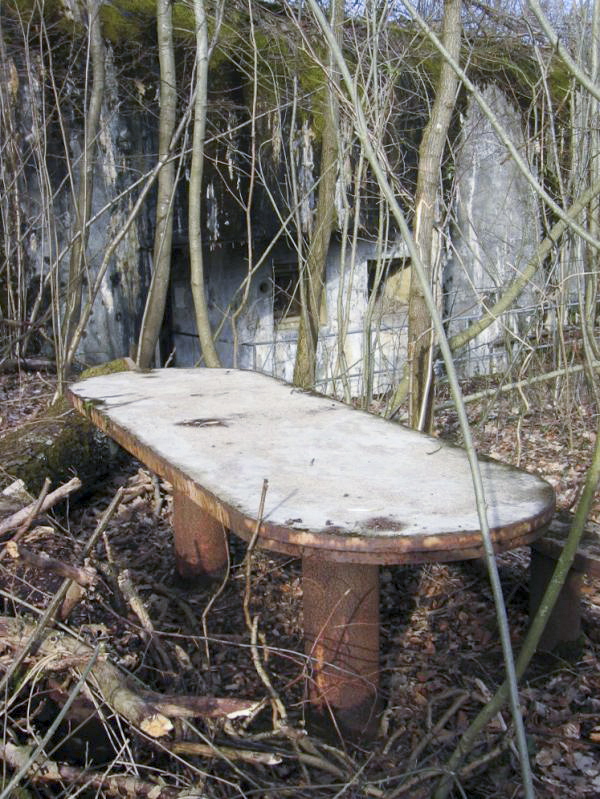 Ligne Maginot - MOLVANGE - A9 - (Ouvrage d'artillerie) - Entrée des hommes 
Table et bancs en fer et béton à proximité immédiate de l'entrée. Sans doute construite après guerre ?