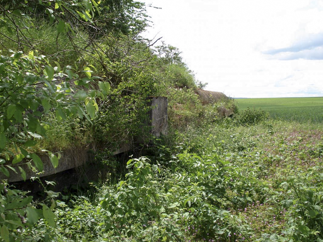 Ligne Maginot - SAINT WALFROY (4° BON - 155° RIF) - (PC de Quartier) - L'arrière du bâtiment, dégagé de l'empierrement devant le protéger, laisse apparaître la cunette et le regard permettant de recueillir les eaux de pluie tombant sur la dalle.
