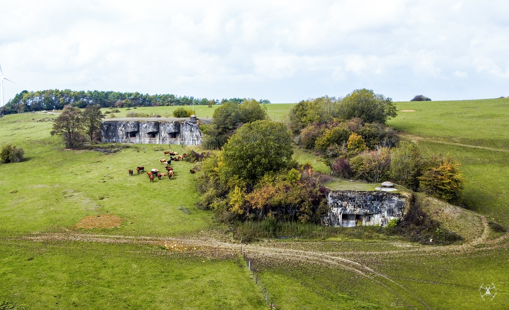 Ligne Maginot - FERMONT - A2 - (Ouvrage d'artillerie) - Vue d'ensemble autour du bloc 4
Au fond à gauche, la tourelle de 75 du bloc 1, au centre le bloc 4 et à droite le bloc 7   - Vincent et Michiel Vermeulen