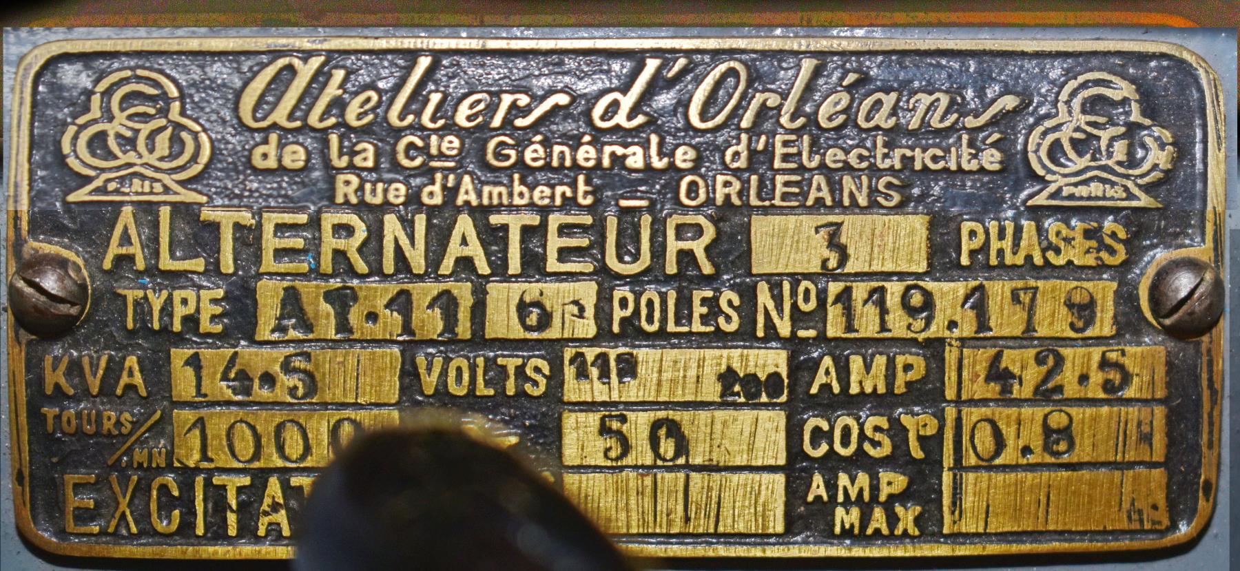 Ligne Maginot - OBERROEDERN SUD - RIEFFEL - (Casemate d'infanterie - Double) - Plaque de constructeur de l'alternateur des ateliers d'Orléans - Daniel Froehly