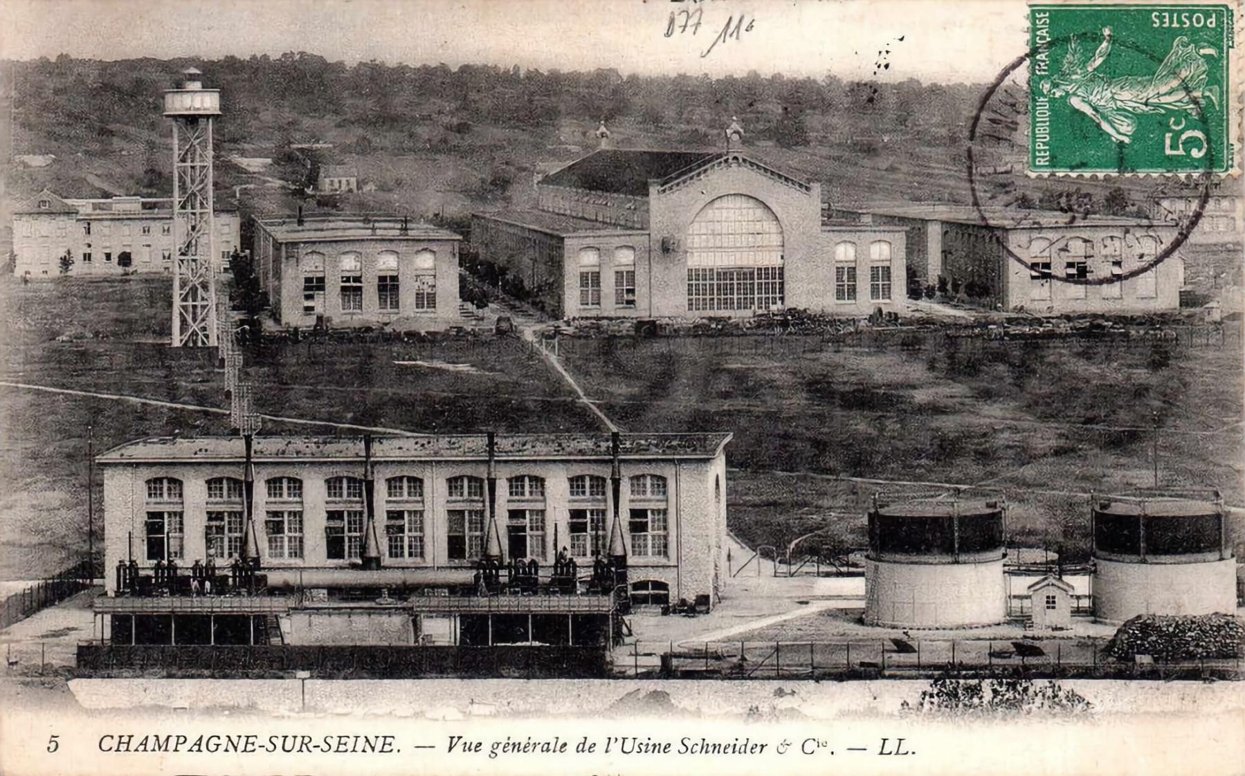 Ligne Maginot - SCHNEIDER-WESTINGHOUSE (SW) - Le Matériel électrique SW - Schneider-Westinghouse 
Les usines de Champagne sur Seine ou ont été produits les matériels SW équipant la ligne Maginot. 

Carte postale éditée alors que les usines appartenaient encore à Schneider et Cie (env 1900)