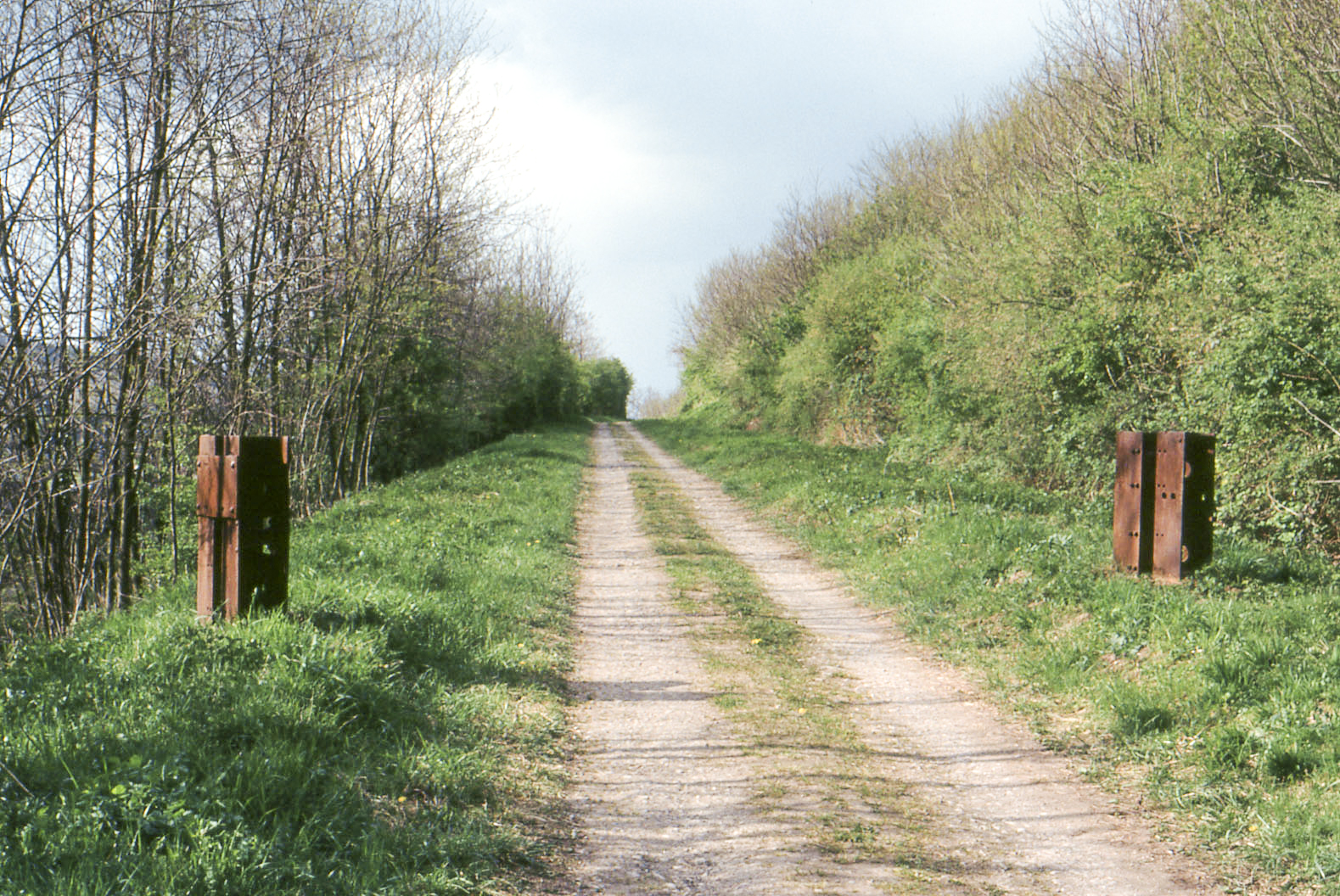 Ligne Maginot - 20 - (Barrage de Route) - Vu de France : pivot à droite, pilier d'ancrage à gauche - MANSUY Michel