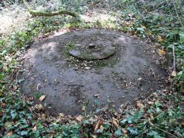 Ligne Maginot - BILLIG - A18 - (Ouvrage d'artillerie) - Bloc 7
La cloche VP.
On la distingue à peine sous la végétation qui reprend ses droits.