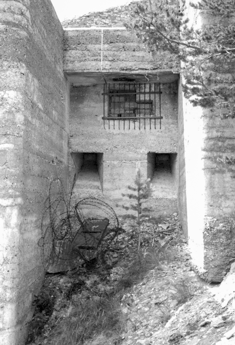 Ligne Maginot - TOURNOUX - BATTERIE XII - (Position d'artillerie préparée) - Détail de la façade de la chambre de tir de droite (dans le sens du tir) : embrasure du 95 et créneaux de pied. - Remi Fontbonne