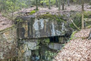Ligne Maginot - HOCHWALD C2 - (Casemate d'infanterie - Simple) - Chambre de tir dans l'axe du fossé. Le bloc est dominé par la cloche JM et la cloche GFM en haut à gauche.
