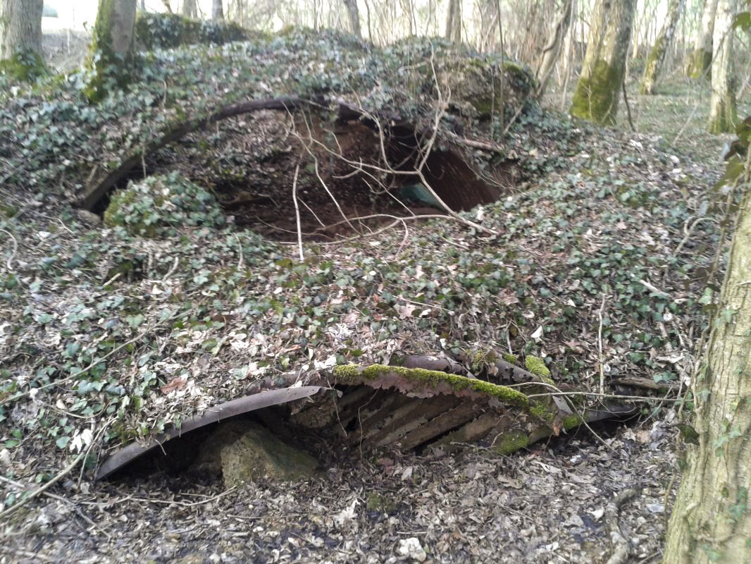 Ligne Maginot - BOIS DU FAYEL (I/143° RALH) - (PC de Sous-Secteur) - Ce PC n'existe pratiquement plus.
Il ne reste qu'un vestige effondré et envahi par la nature. On voit encore un peu la tôle arrondie qui constituait le ou les bâtiments