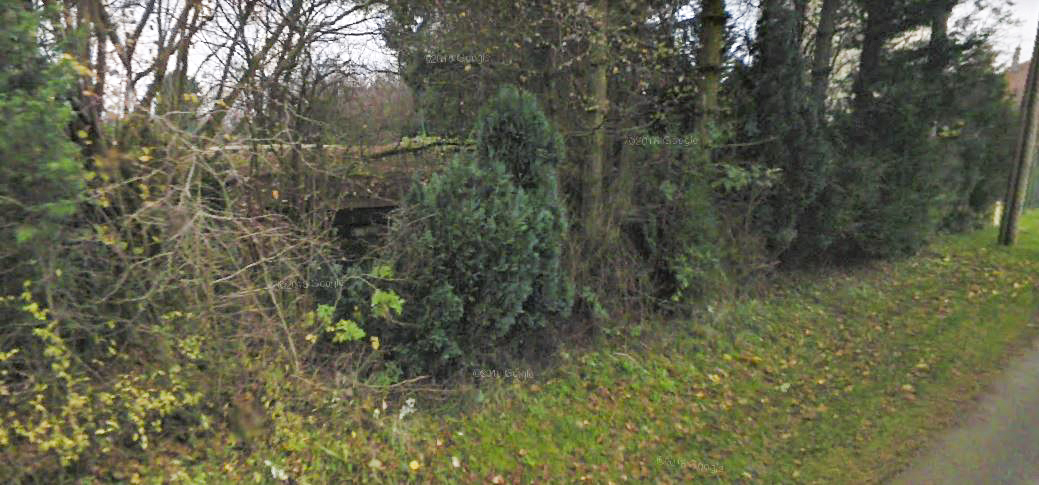 Ligne Maginot - DB14 - (Blockhaus pour canon) - Le blockhaus vu en novembre 2010, caché derrière la haie.. - Google StreetView