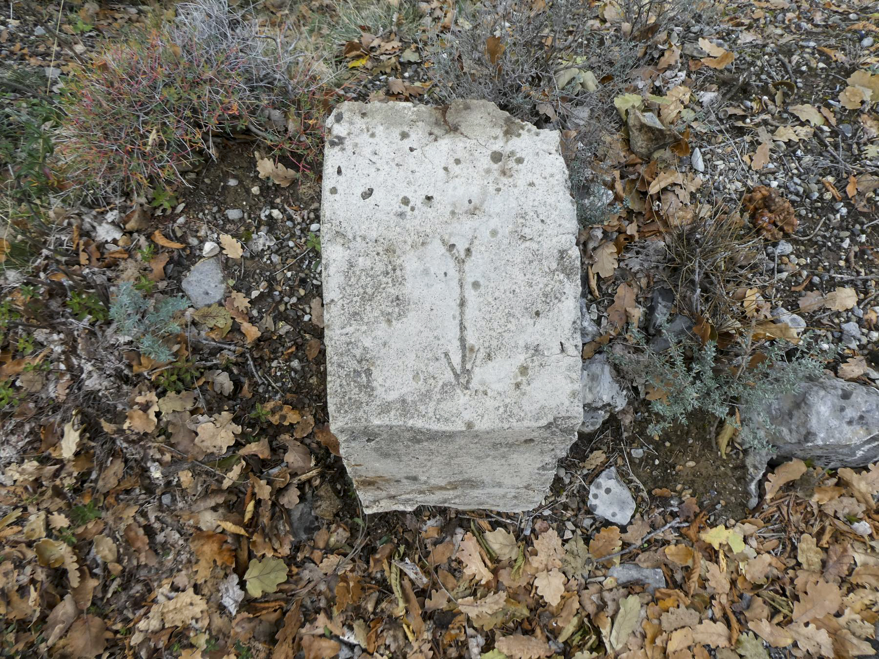 Ligne Maginot - AGAISEN 19 - (Barrage de Route) - Borne située a l'opposée, à 60° du marquage sur le mur, vers l'entrée de l'ouvrage. Une flèche est gravée, ainsi qu'à peine visible le chiffre 11 - ELLENA Daniel - CUNY Philippe