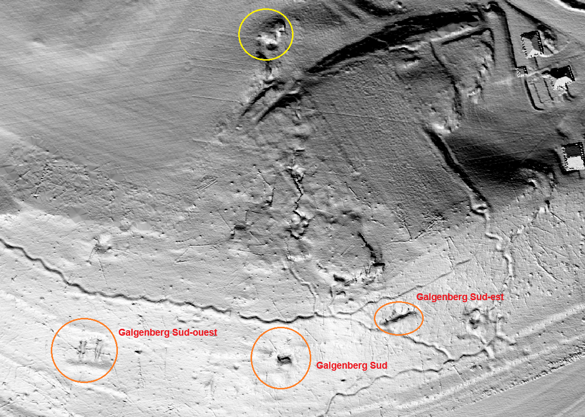 Ligne Maginot - GALGENBERG SUD-OUEST - (Abri) - Vue LIDAR du secteur, où les 3 abris sont bien visibles. Noter le réseau de tranchées et ce qui semble être un point d'appui sur le versant nord du sommet - Jean-Michel Jolas