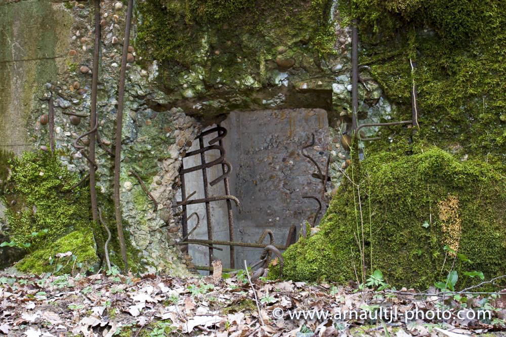Ligne Maginot - KANFENER BUSCH 4 - (Blockhaus pour arme infanterie) - Le créneau de tir à subit des dommages, sans doutes dus à des expérimentations / récupération hors combats. En effet, les nombreux blockhaus proches, à une exception près, ne sont que peu (ou pas) affectés de traces de tirs de cette ampleur. - www.arnaultjl-photo.com